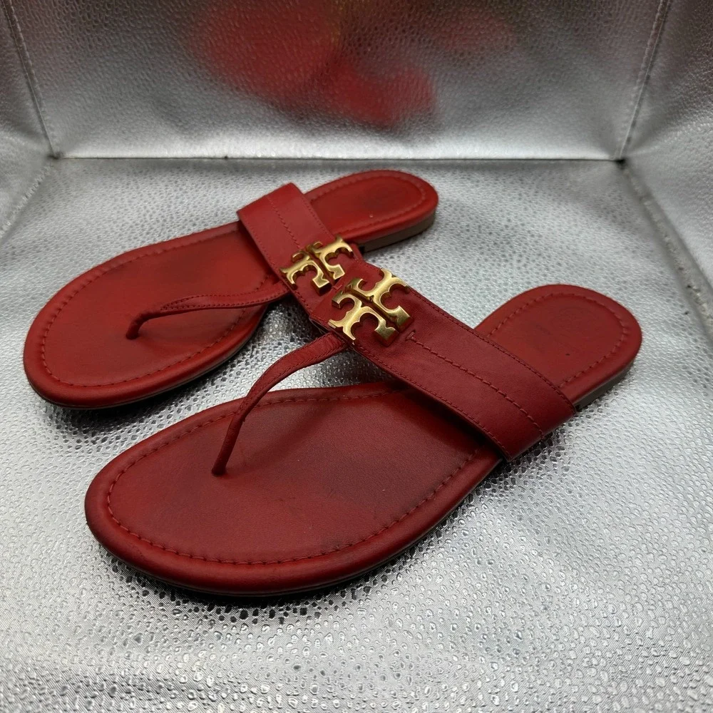 Size 8 Tory Burch Everly Womens Brilliant Red Leather Backless Flat Thong Sandal